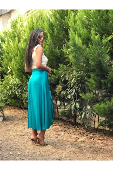 Turkuaz Saten Yırtmaçlı Kadın Etek