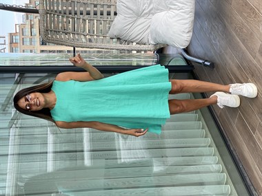 Turkuaz Sıfır Kol Ham Keten Çan Kadın Elbise