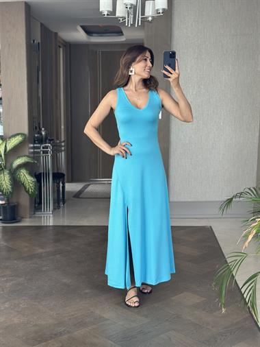 Turkuaz Sıfır Kol V Yaka Tek Yırtmaçlı Modal Kumaş Kadın Maksi Boy Elbise