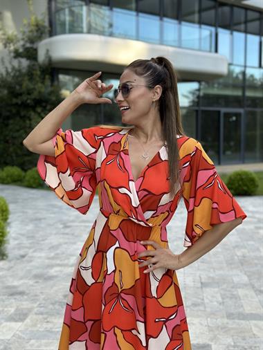 Turuncu Kırmızı Desenli Beli Lastikli Geniş Kol Viskon Kadın Elbise
