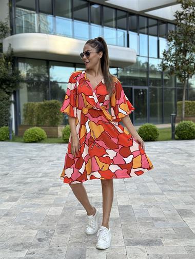 Turuncu Kırmızı Desenli Beli Lastikli Geniş Kol Viskon Kadın Elbise