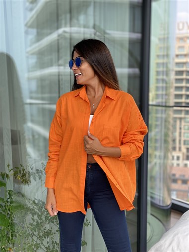 Turuncu Arka Roba Örme Flam Keten Kadın Gömlek