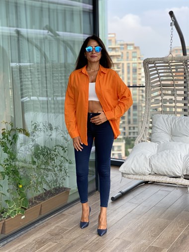 Turuncu Arka Roba Örme Flam Keten Kadın Gömlek