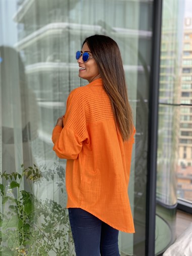Turuncu Arka Roba Örme Flam Keten Kadın Gömlek