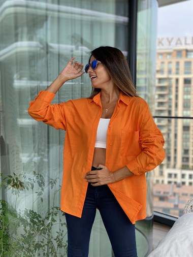 Turuncu Arka Roba Örme Flam Keten Kadın Gömlek
