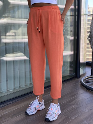 Turuncu Bağcığı Boncuk Detay Cepli Keten Kadın Pantolon