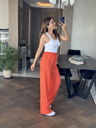 Turuncu Beli Bağcık Detay Lastikli Bol Paça Aerobin Kadın Pantolon