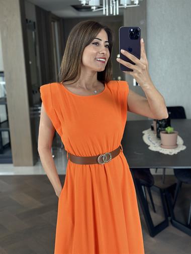 Turuncu Bisiklet Yaka Vatkalı Kemerli Aerobin Kadın Elbise
