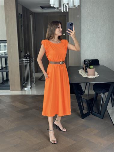 Turuncu Bisiklet Yaka Vatkalı Kemerli Aerobin Kadın Elbise