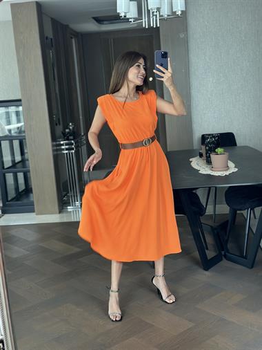 Turuncu Bisiklet Yaka Vatkalı Kemerli Aerobin Kadın Elbise