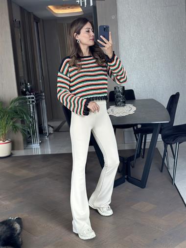 Turuncu Bisiklet Yaka Yeşil Çizgili Simli Ajurlu Kadın Crop Kazak