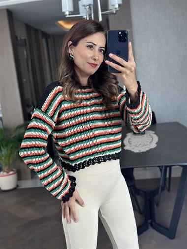 Turuncu Bisiklet Yaka Yeşil Çizgili Simli Ajurlu Kadın Crop Kazak