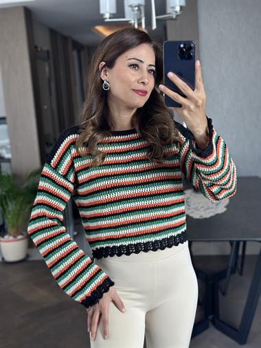 Turuncu Bisiklet Yaka Yeşil Çizgili Simli Ajurlu Kadın Crop Kazak