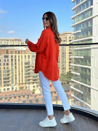 Turuncu Cebi Dantel Keten Aerobin Kadın Gömlek