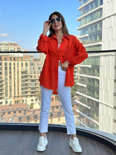 Turuncu Cebi Dantel Keten Aerobin Kadın Gömlek