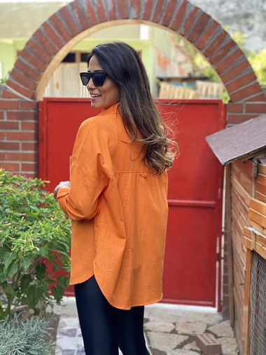 Turuncu Çift Cepli Flam Keten Kadın Gömlek