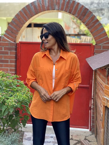 Turuncu Çift Cepli Flam Keten Kadın Gömlek