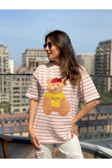 Turuncu Çizgili Pretty Ayıcık T-Shirt