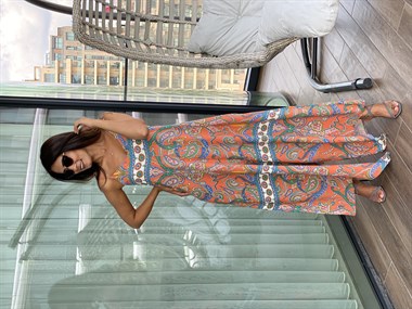 Turuncu Desenli Askılı Viskon Kadın Tulum