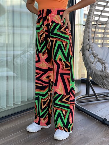 Turuncu Desenli Bel Lastikli Bol Paça Yürüyüş Kadın Pantolon