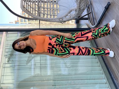 Turuncu Desenli Bel Lastikli Bol Paça Yürüyüş Kadın Pantolon