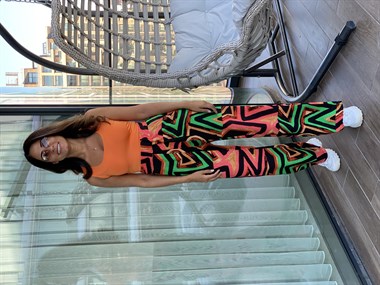 Turuncu Desenli Bel Lastikli Bol Paça Yürüyüş Kadın Pantolon