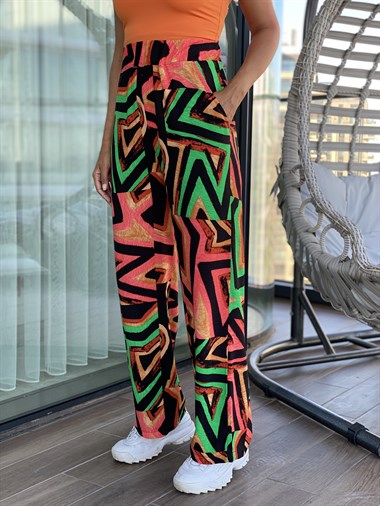 Turuncu Desenli Bel Lastikli Bol Paça Yürüyüş Kadın Pantolon