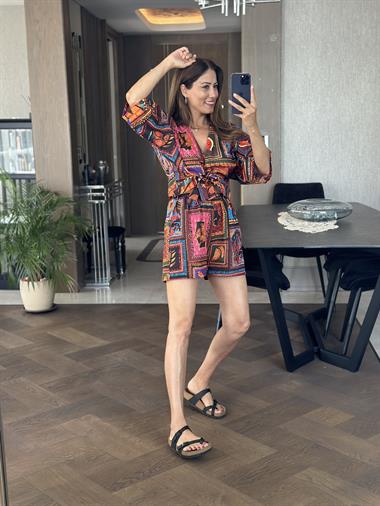 Turuncu Desenli Vual Kimono Şortlu Kadın Alt Üst Takım