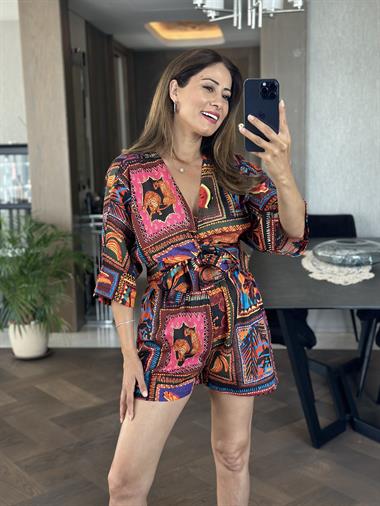 Turuncu Desenli Vual Kimono Şortlu Kadın Alt Üst Takım