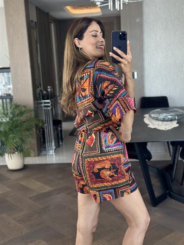 Turuncu Desenli Vual Kimono Şortlu Kadın Alt Üst Takım