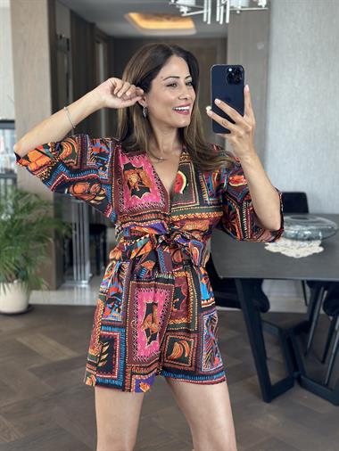Turuncu Desenli Vual Kimono Şortlu Kadın Alt Üst Takım