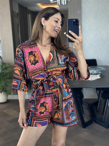 Turuncu Desenli Vual Kimono Şortlu Kadın Alt Üst Takım
