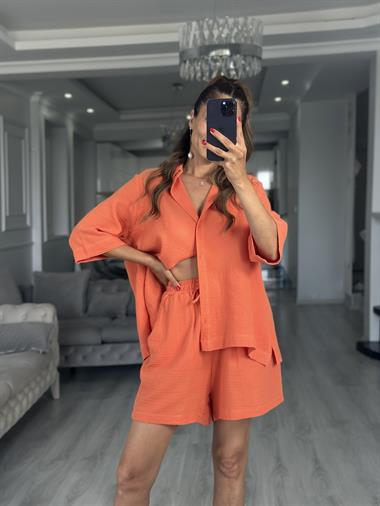 Turuncu Fakir Kol Gömlek Şort Müslin Kadın İkili Takım