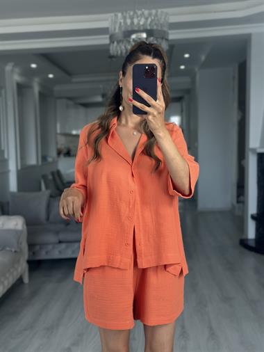 Turuncu Fakir Kol Gömlek Şort Müslin Kadın İkili Takım