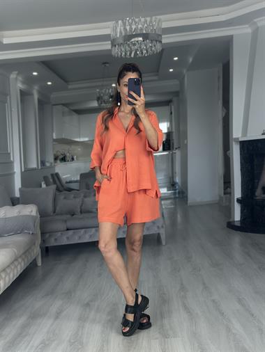 Turuncu Fakir Kol Gömlek Şort Müslin Kadın İkili Takım
