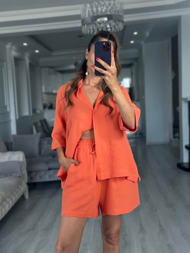 Turuncu Fakir Kol Gömlek Şort Müslin Kadın İkili Takım