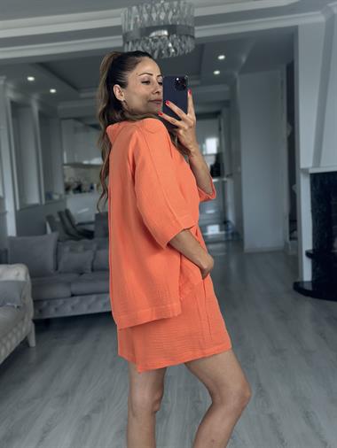 Turuncu Fakir Kol Gömlek Şort Müslin Kadın İkili Takım