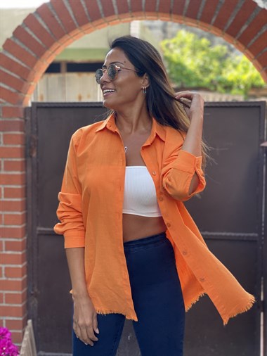 Turuncu Flam Keten Eteği Püsküllü Kadın Gömlek