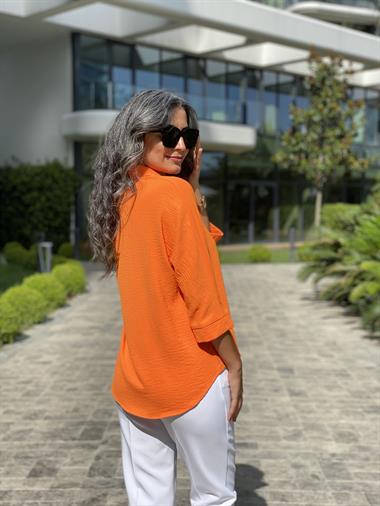 Turuncu Gömlek Yaka Yarasa Kol Aerobin Kadın Bluz