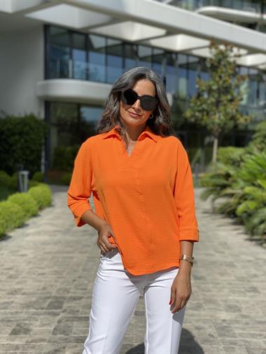 Turuncu Gömlek Yaka Yarasa Kol Aerobin Kadın Bluz