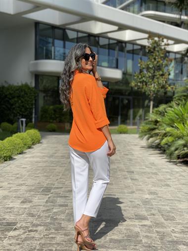 Turuncu Gömlek Yaka Yarasa Kol Aerobin Kadın Bluz