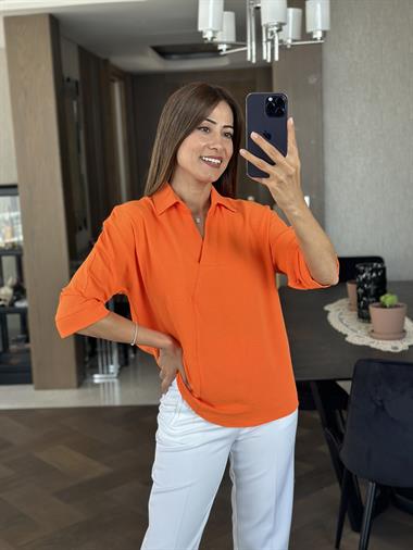 Turuncu Gömlek Yaka Yarasa Kol Aerobin Kadın Bluz