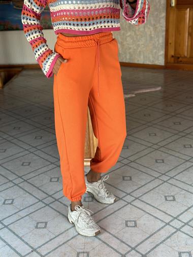 Turuncu İki İplik Beli Ve Paçası Lastikli Kadın Eşofman Altı 