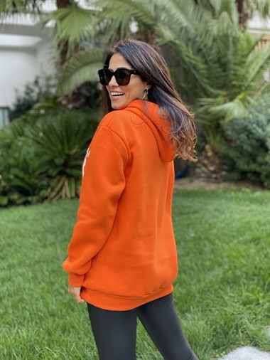 Turuncu Kapüşonlu Los Angeles Baskılı Kadın Sweatshirt