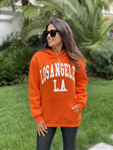 Turuncu Kapüşonlu Los Angeles Baskılı Kadın Sweatshirt
