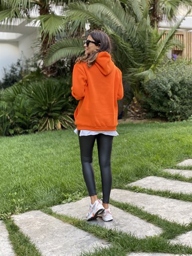 Turuncu Kapüşonlu Los Angeles Baskılı Kadın Sweatshirt