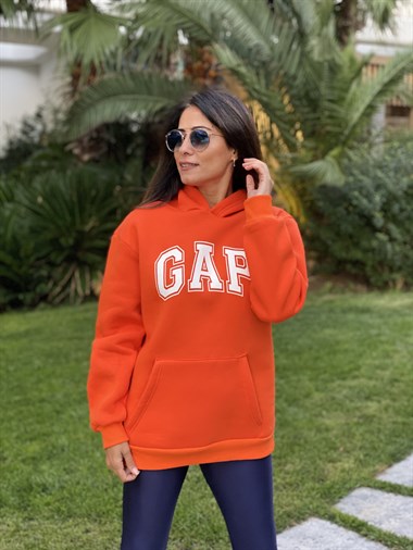 Turuncu Kapüşonlu Marka Baskılı Kadın Sweatshirt