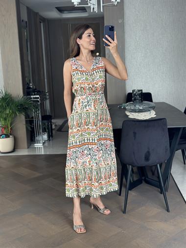Turuncu Karışık Desenli V Yaka Yırtmaçlı Bel Bağcıklı Kadın Elbise