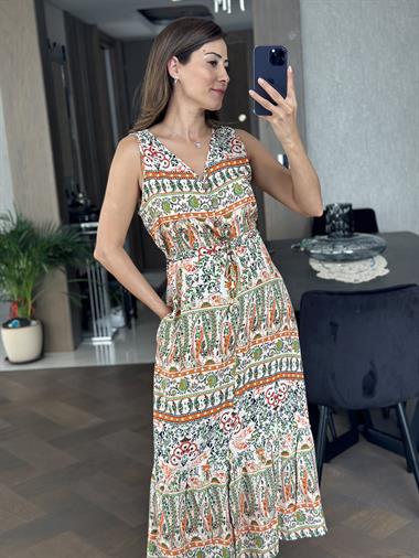 Turuncu Karışık Desenli V Yaka Yırtmaçlı Bel Bağcıklı Kadın Elbise