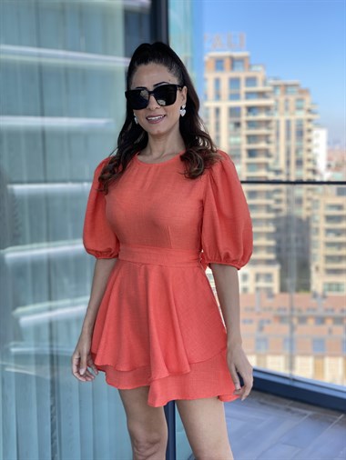 Turuncu Karpuz Kol Kuşaklı Şort Etek Elbise